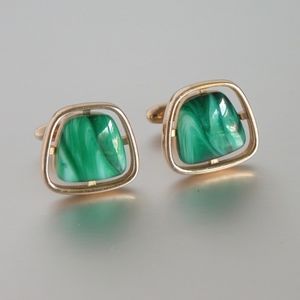 Vtg Hickok Cufflinks Green Marble Stone Gold Tone